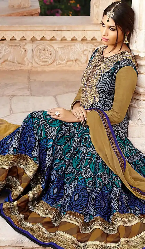 Chanderi Silk Black Color Long Anarkali Stitched Churidar Suit with Dupatta | FH459571793