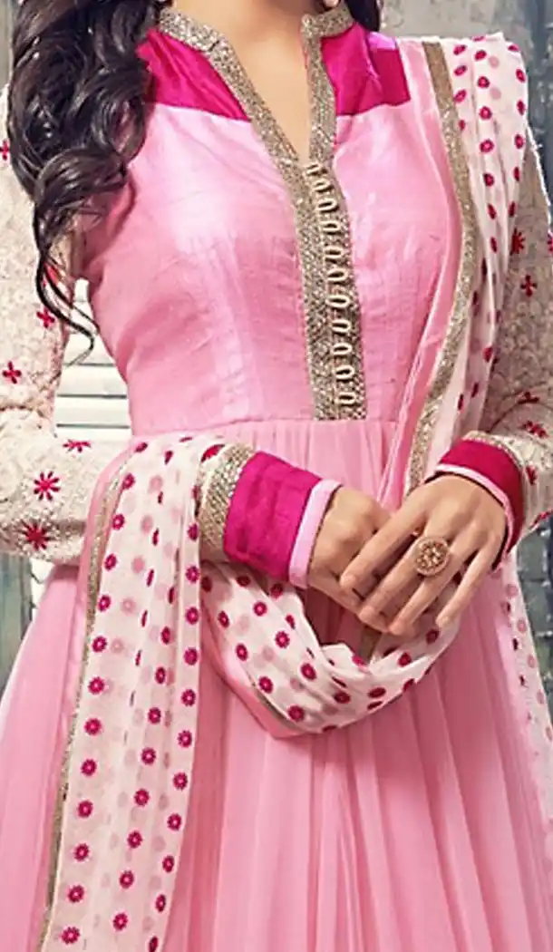 Rose Pink Georgette and Net Long Anarkali Stitched Churidar Suit Dupatta | FH459771803