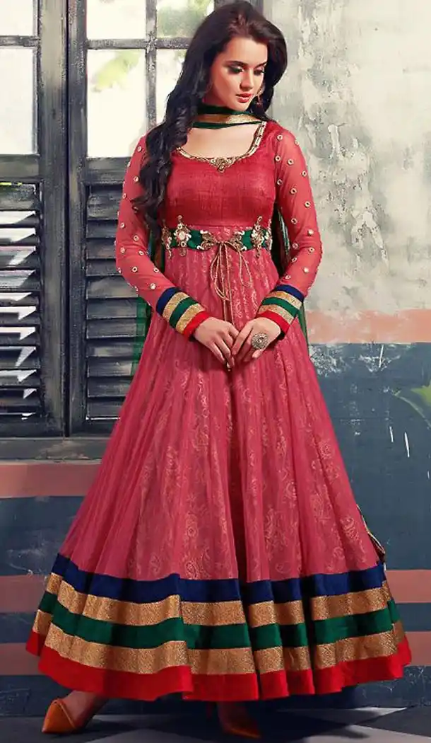 Red Georgette and Net Long Anarkali Stitched Churidar Suit Dupatta | FH459771804