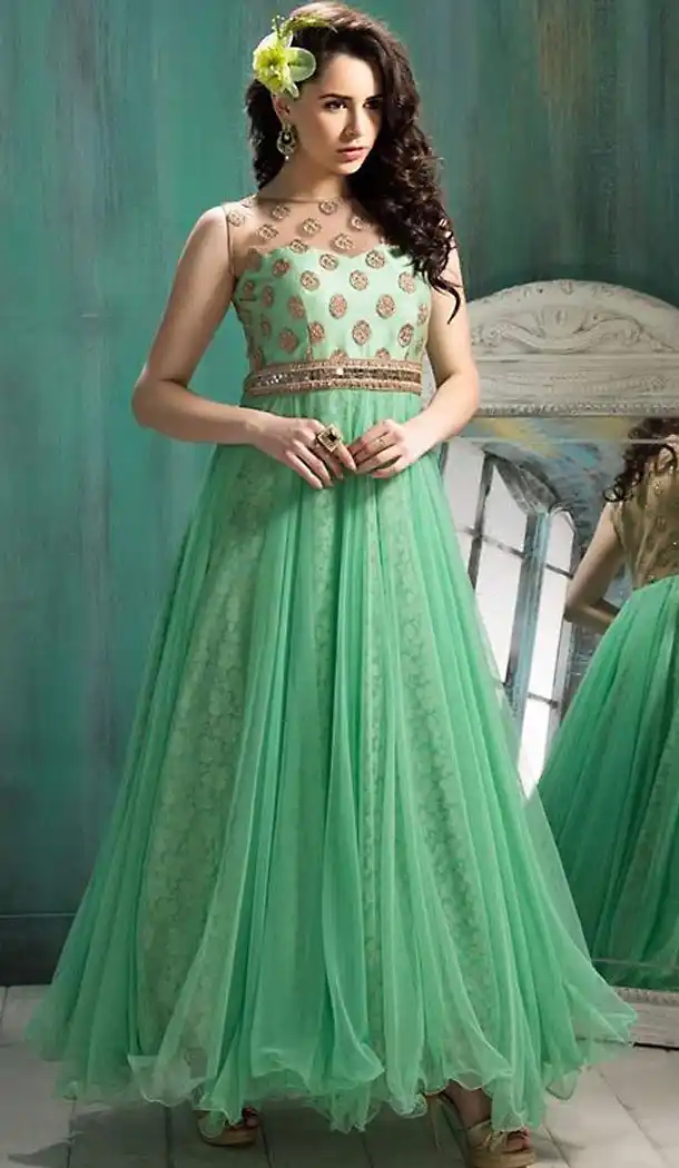 Aloe Vera Green Georgette and Net Long Anarkali Stitched Churidar Suit Dupatta | FH459771805