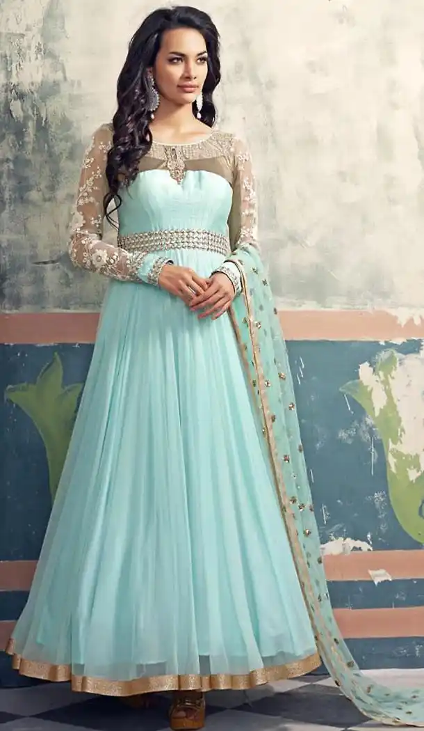 Sky Blue Georgette and Net Long Anarkali Stitched Churidar Suit Dupatta | FH459771806