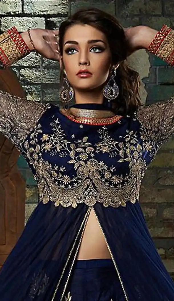 Navy Blue Georgette Achkan Stitched Churidar Suit with Dupatta | FH459771807