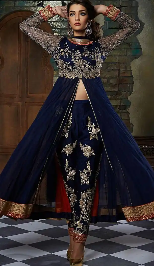 Navy Blue Georgette Achkan Stitched Churidar Suit with Dupatta | FH459771807
