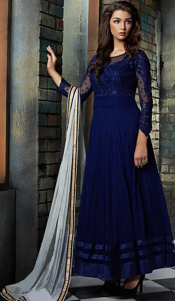 Blue Georgette Long Anarkali Stitched Churidar Suit with Dupatta | FH459771808