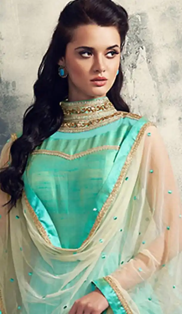 Turquoise Georgette and Net Long Anarkali Stitched Churidar Suit with Dupatta | FH459771809