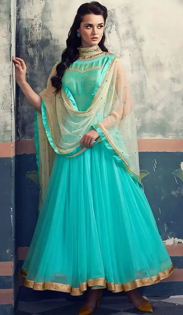 Turquoise Georgette and Net Long Anarkali Stitched Churidar Suit with Dupatta | FH459771809
