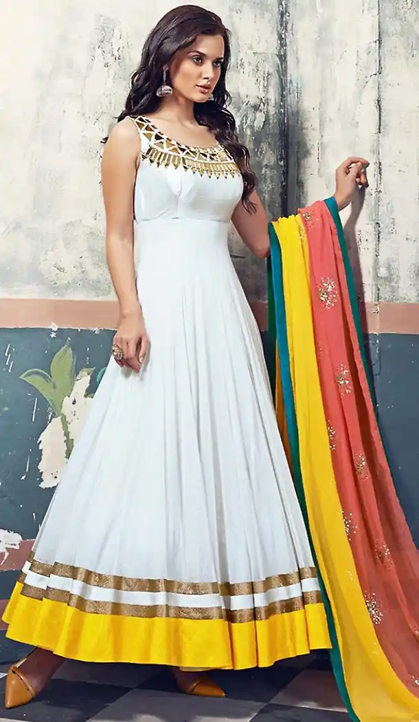 White Georgette Long Anarkali Stitched Churidar Suit with Dupatta | FH459771811