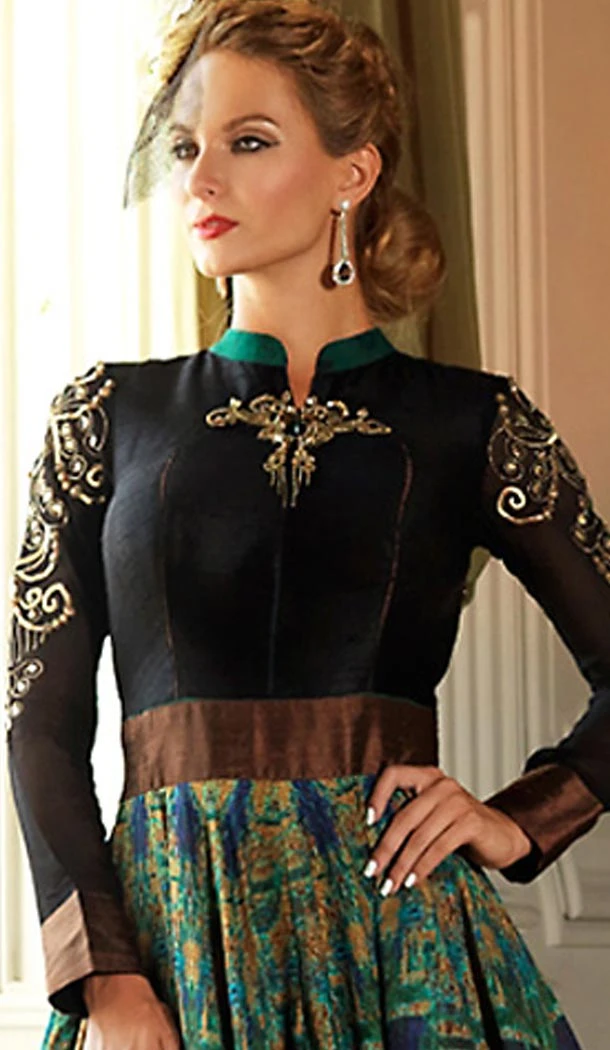 Black Silk Long Anarkali Stitched Churidar Suit with Dupatta | FH459771812