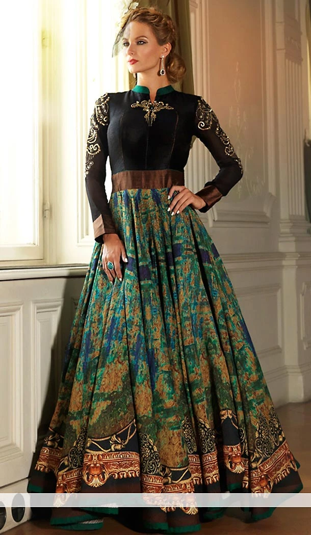 Black Silk Long Anarkali Stitched Churidar Suit with Dupatta | FH459771812
