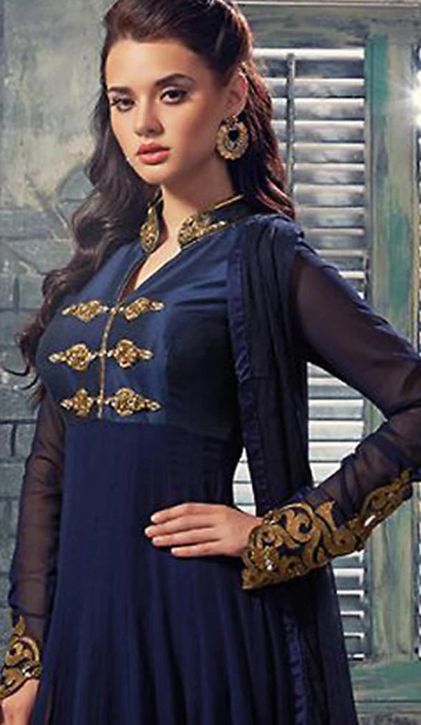 Navy Blue Georgette Long Anarkali Stitched Churidar Suit with Dupatta | FH459771812
