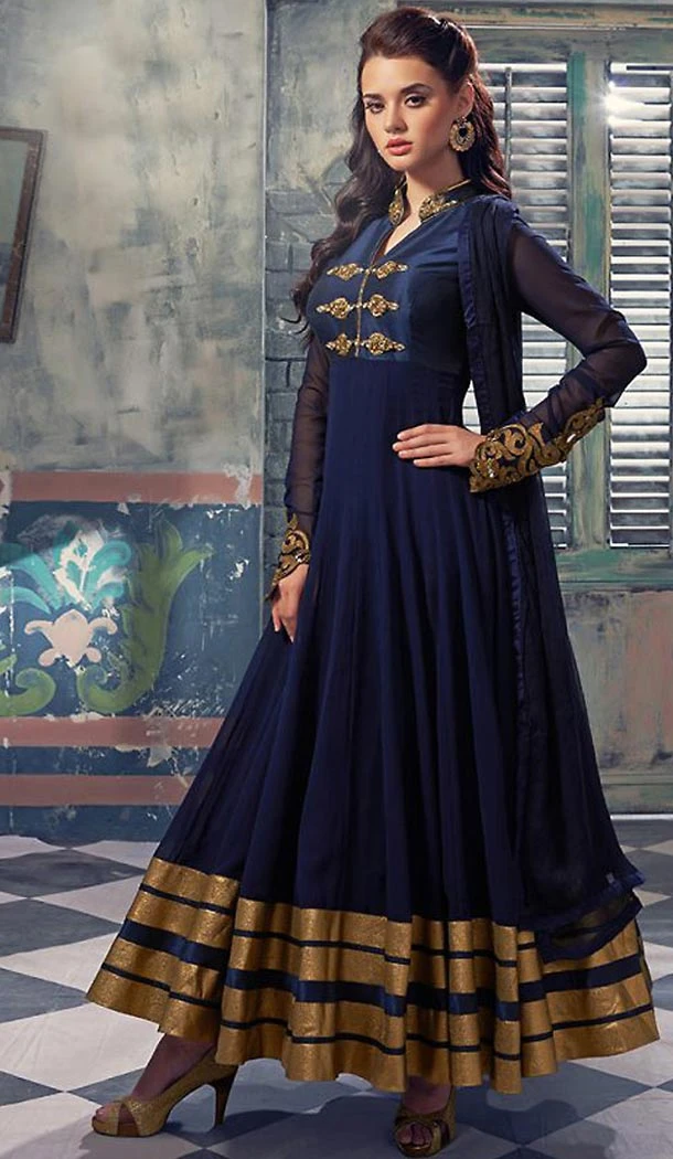Navy Blue Georgette Long Anarkali Stitched Churidar Suit with Dupatta | FH459771812