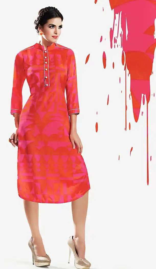 Georgette Fabric Orange Straight Type Readymade Kurti | FH460371872