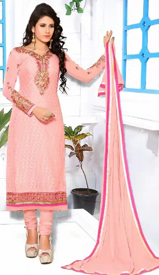 Salmon Color Georgette Straight Cut Churidar Kameez with Dupatta | FH460471883