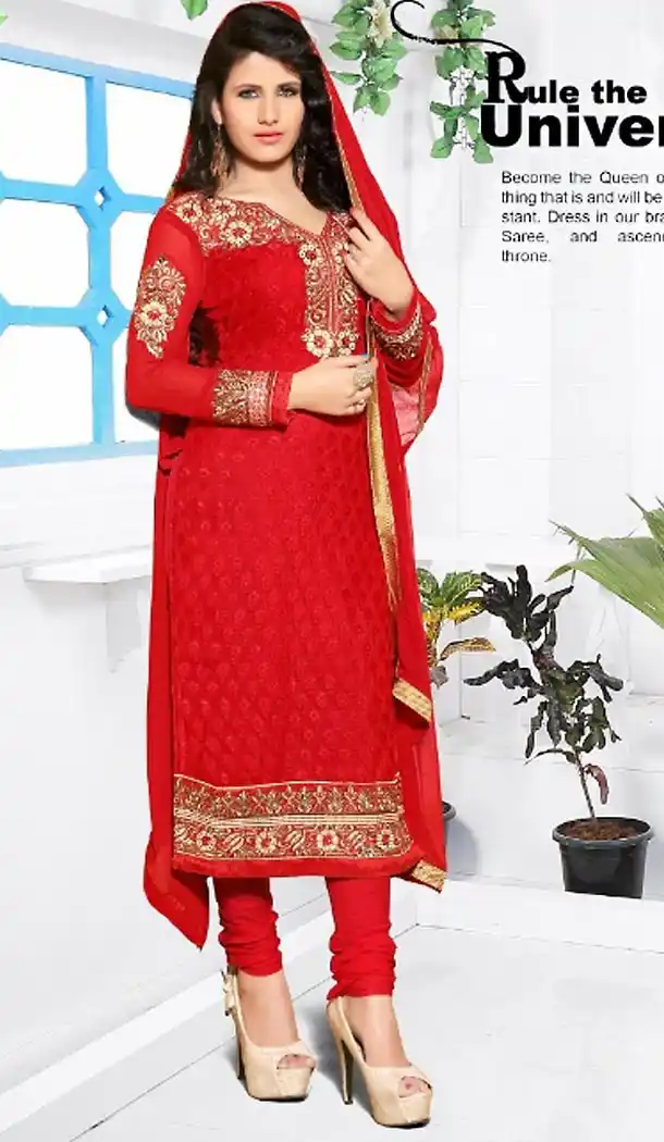 Deep Scarlet Color Georgette Straight Cut Churidar Kameez with Dupatta | FH460471885
