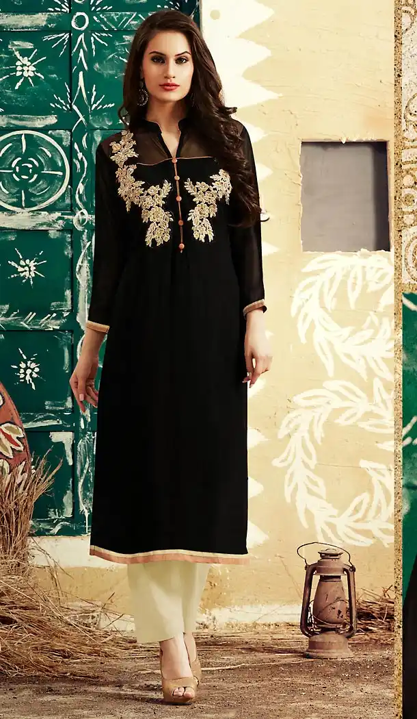 Black Georgette Straight Style Readymade Kurti | FH460971931