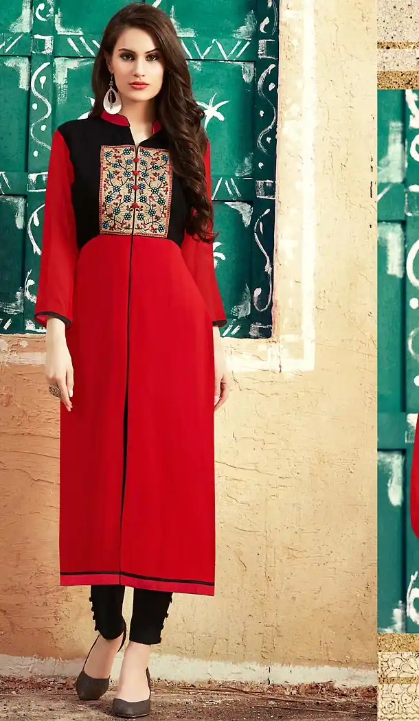 Deep Scarlet Georgette Achkan Style Readymade Kurti | FH460971933