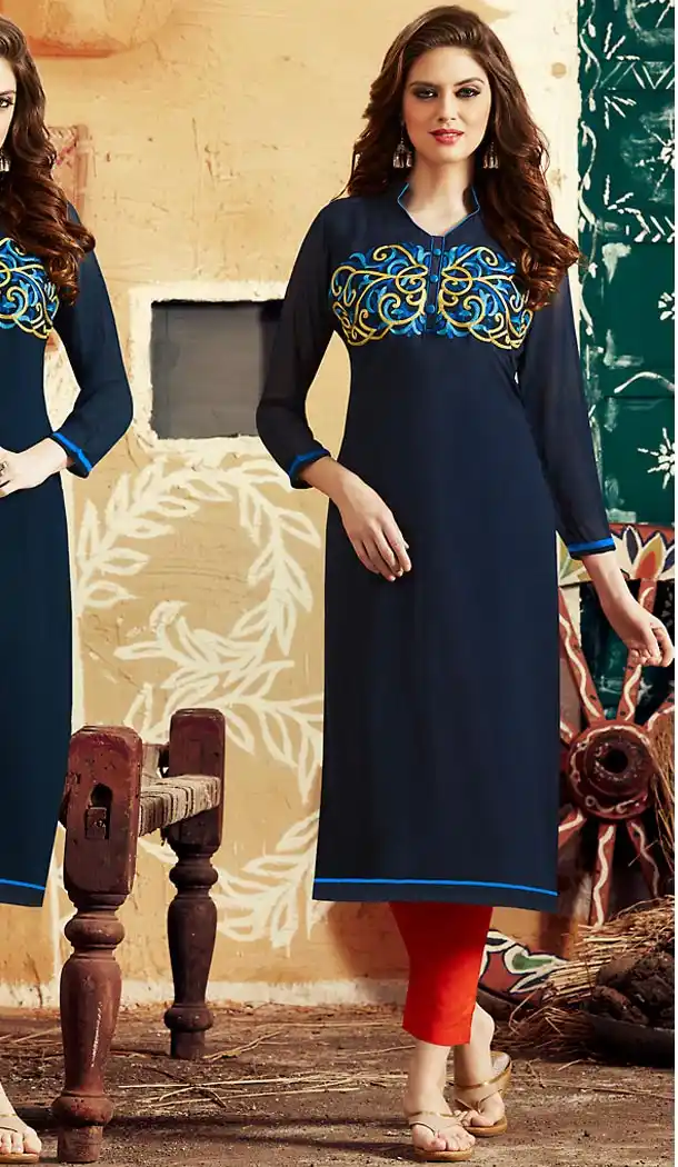 Navy Blue Georgette Straight Style Readymade Kurti | FH460971994