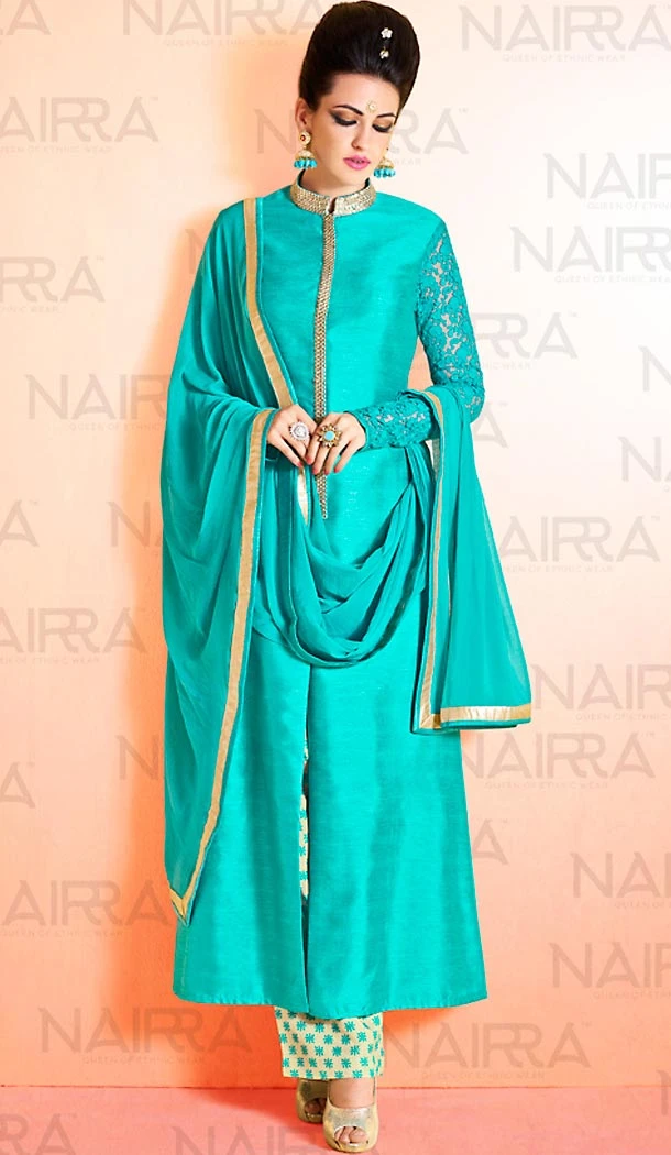 Pakistani Style Turquoise Color Bhagalpuri Silk Narrow Pants Dresses | FH461071943