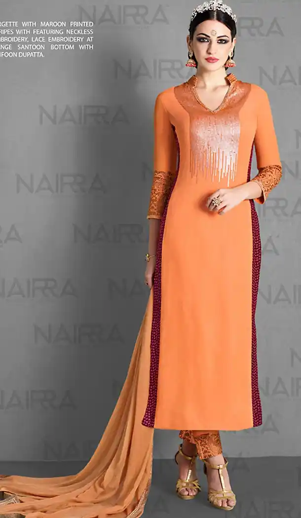 Pakistani Style Orange Color Georgette Narrow Pants Dresses | FH461071947