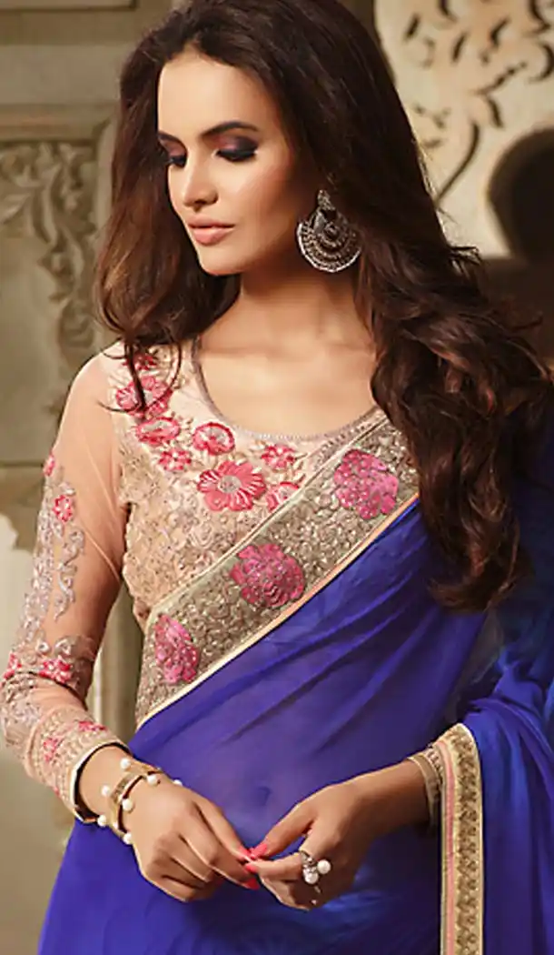 Traditional Style Royal Blue Color Georgette Contemporary Saree Blouse | FH461471996