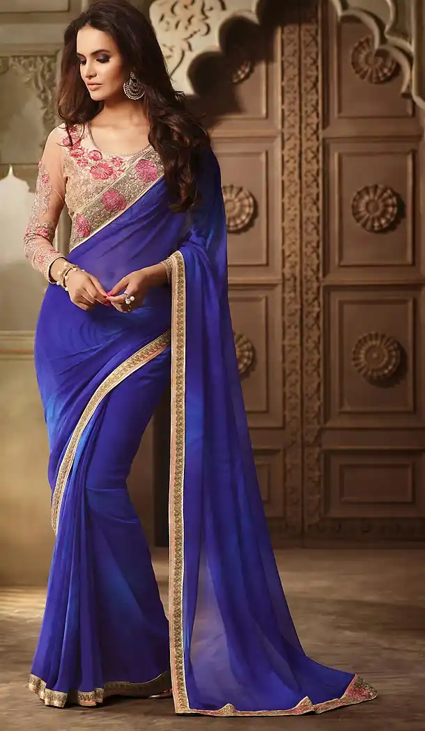 Traditional Style Royal Blue Color Georgette Contemporary Saree Blouse | FH461471996