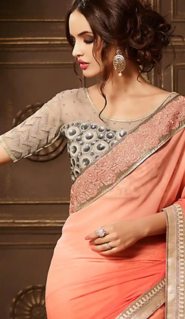 Traditional Style Salmon Color Georgette Contemporary Saree Blouse | FH461472004