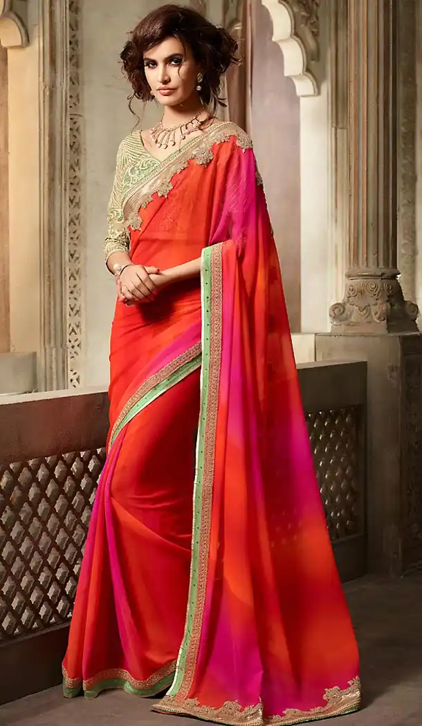Traditional Style Deep Scarlet Color Georgette Contemporary Saree Blouse | FH461472007
