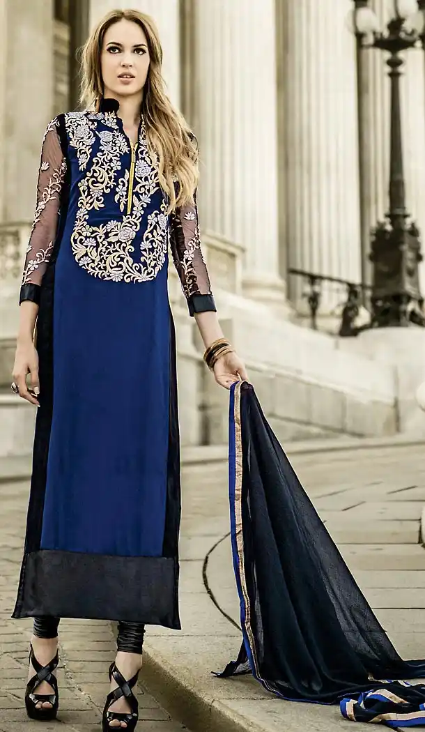 Pakistani Style Navy Blue Color Georgette Churidar Dresses | FH462072090