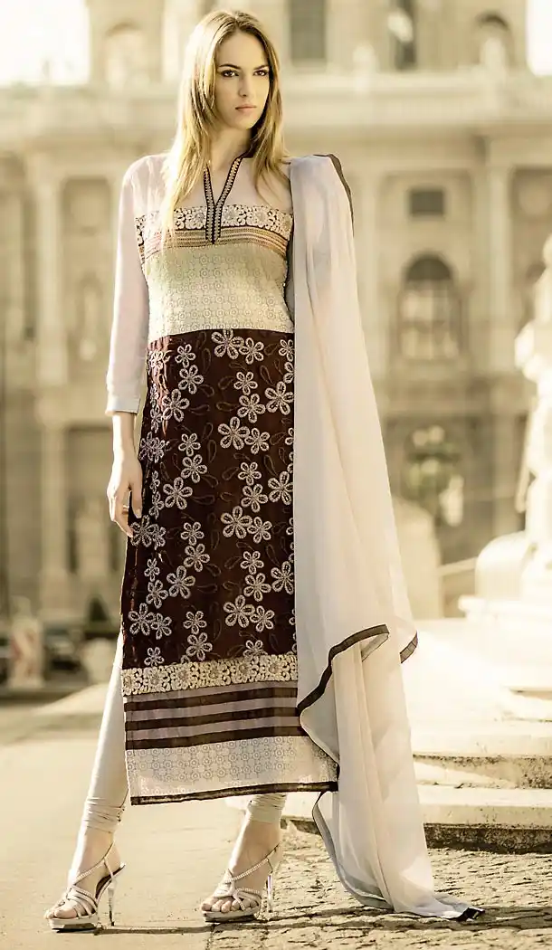 Pakistani Style Chocolate Color Georgette Churidar Dresses | FH462072096