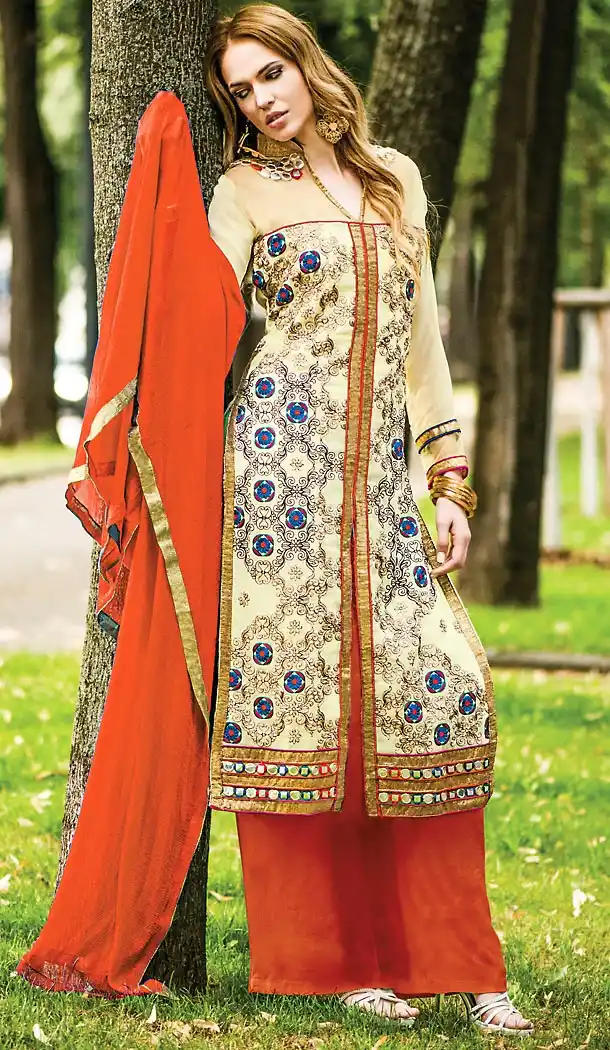 Pakistani Style Cream Color Georgette Palazzo Dresses | FH462072098