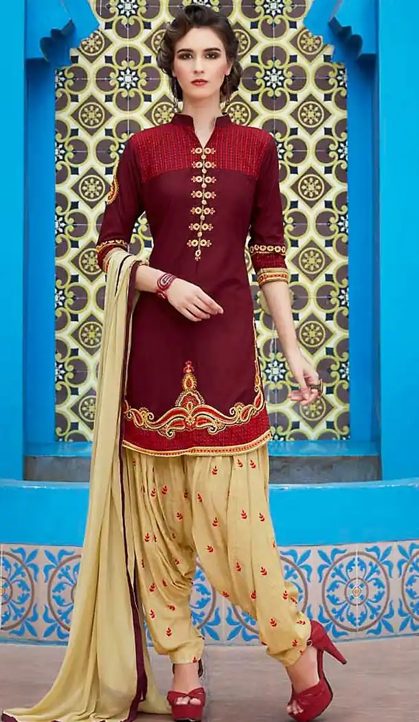 Maroon Color Cotton Straight Cut Stitched Patiyala Suit with Dupatta | FH462372124