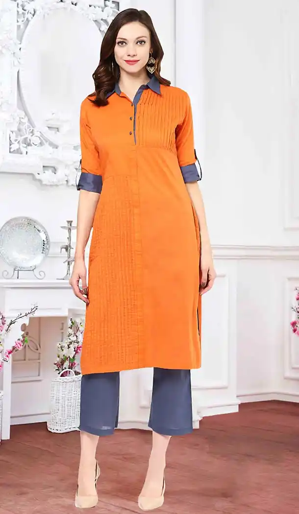 Orange Color Cotton Thread Work Readymade Kurti | FH462972213