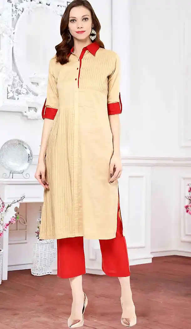 Tan Brown Color Cotton Thread Work Readymade Kurti | FH462972217