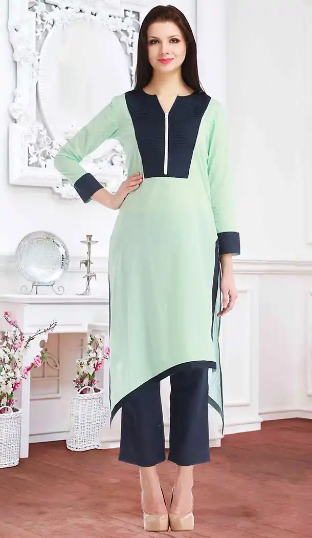 Aloe Vera Green Color Cotton Lace Work Readymade Kurti | FH462972221