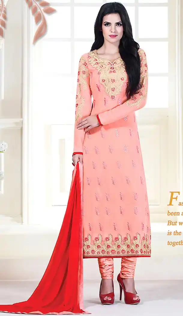 Salmon Color Georgette Thread Work Churidar Kameez | FH463472302