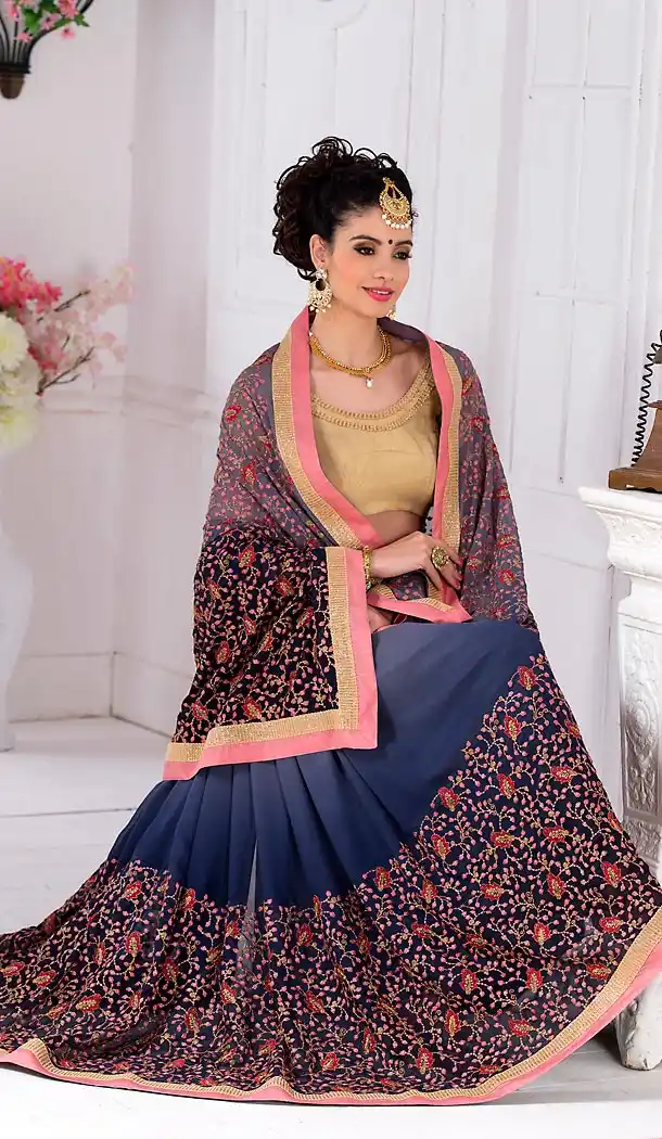 Navy Blue Color Georgette Embroidered Saree Blouse | FH463772326