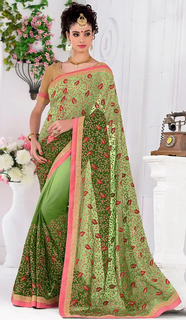 Chrome Green Color Georgette Embroidered Saree Blouse | FH463772327