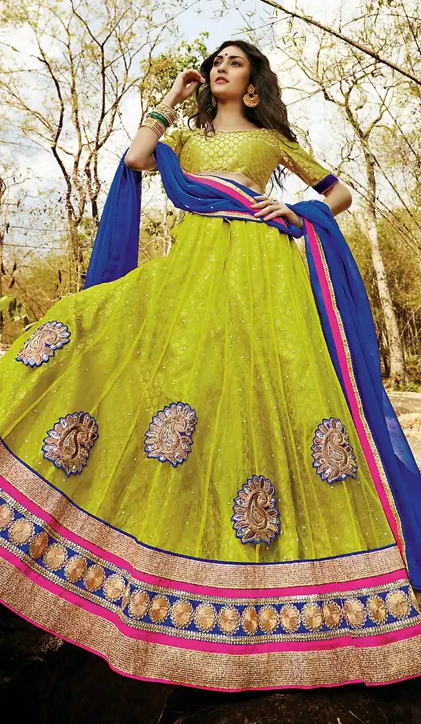 Parrot Green Color Net A Line Style Stitched Lehenga Choli | FH463072229