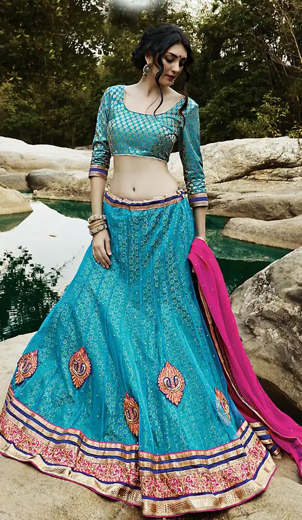 Sky Blue Color Net A Line Style Stitched Lehenga Choli | FH463072233