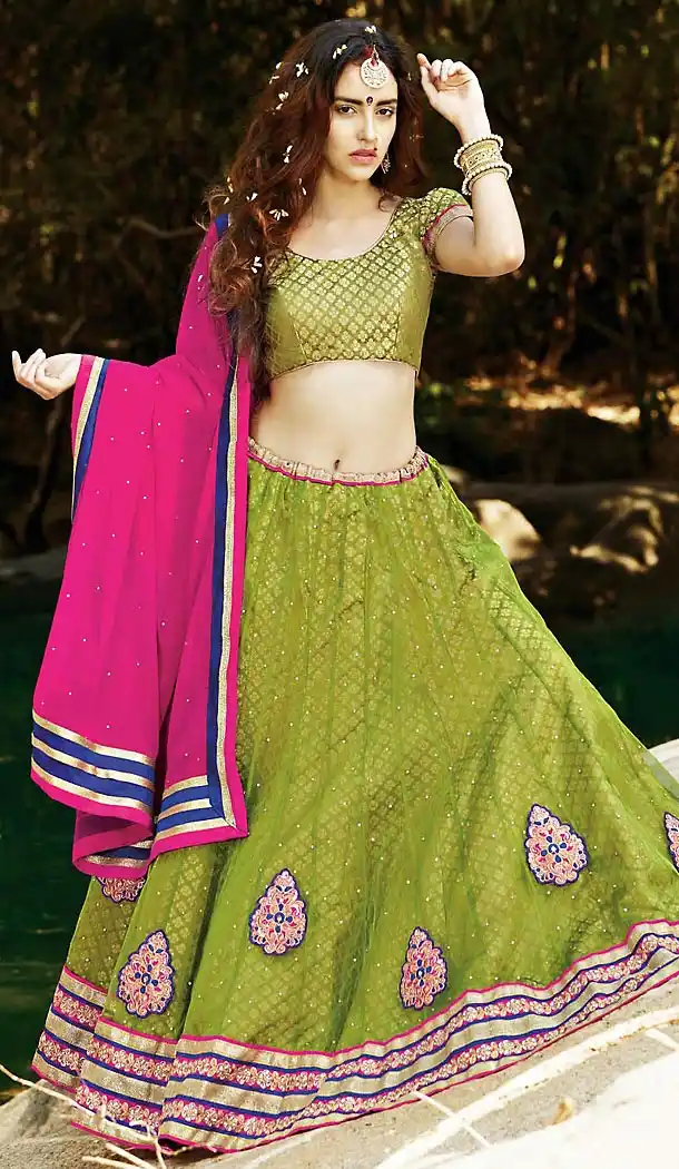 Mehendi Green Color Net A Line Style Stitched Lehenga Choli | FH463072236