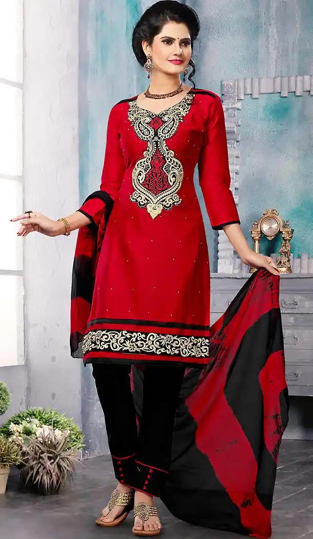 Deep Scarlet Color Cotton Straight Cut Punjabi Stitched Narrow Pants Dress | FH464572435