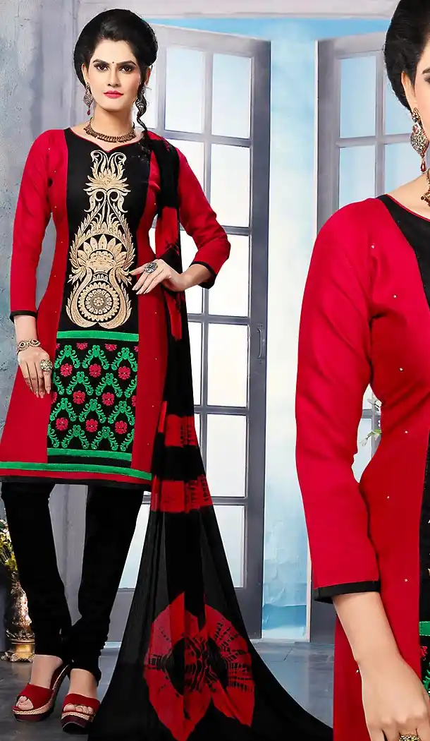 Deep Scarlet Color Cotton Straight Cut Punjabi Stitched Churidar Dress | FH464572437