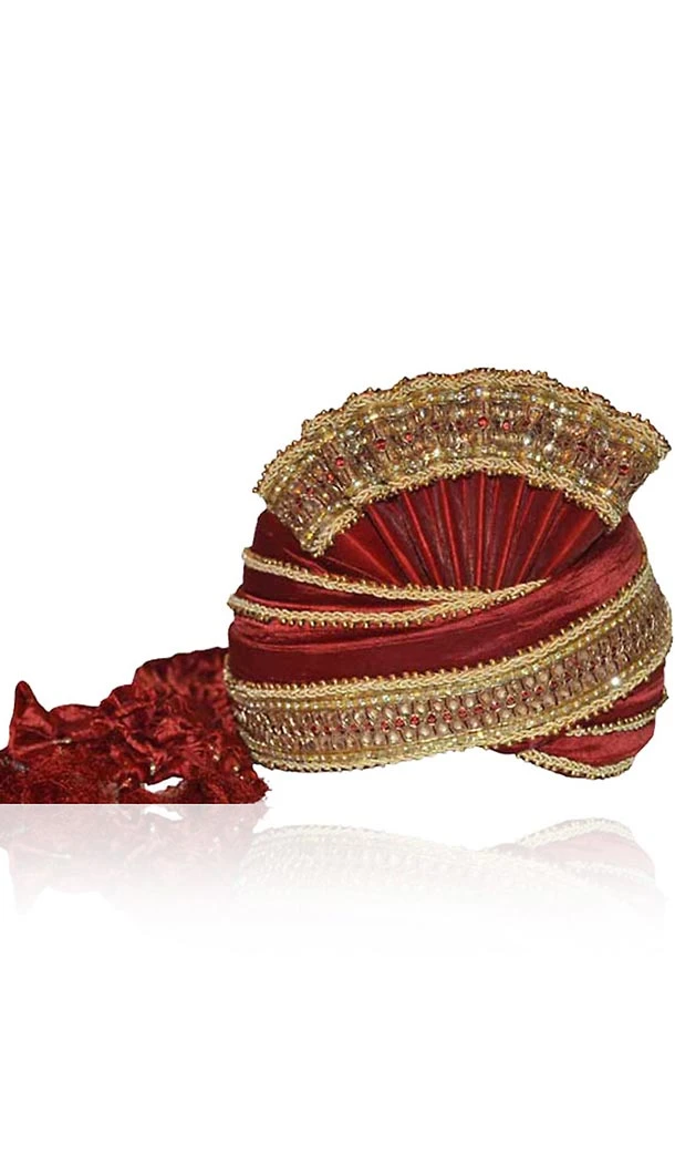 Maroon Color Raw Silk Indian Wedding Turban For Man | FH464872472