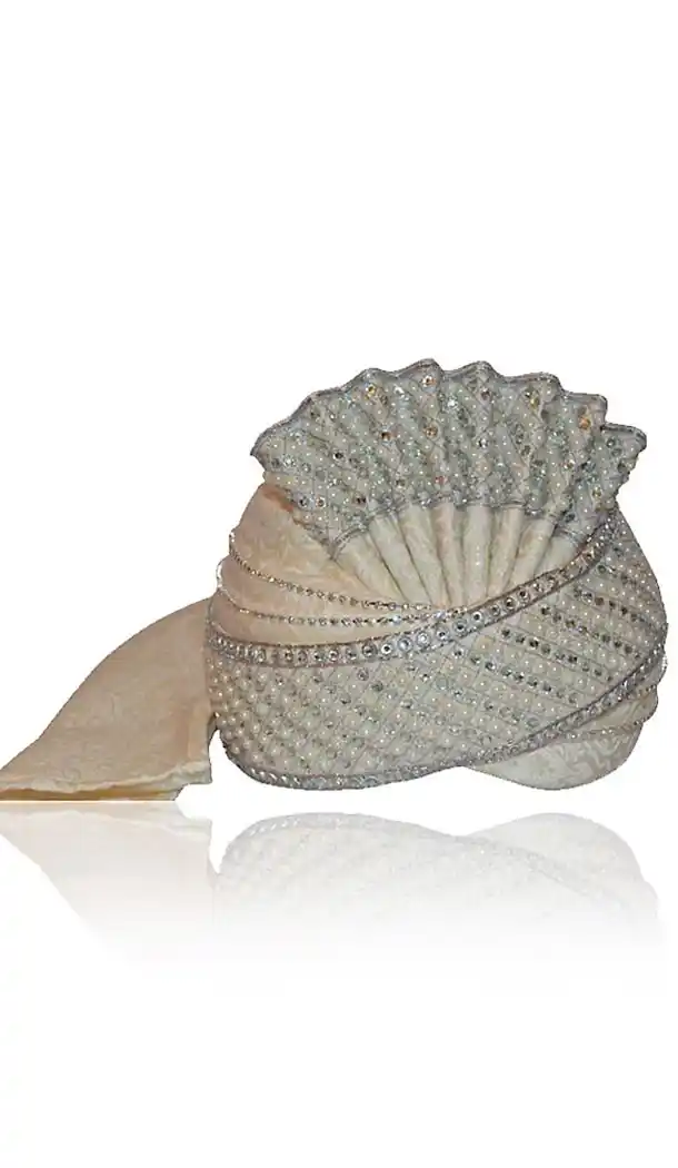 Off White Color Brocade Indian Wedding Turban For Man | FH464872473