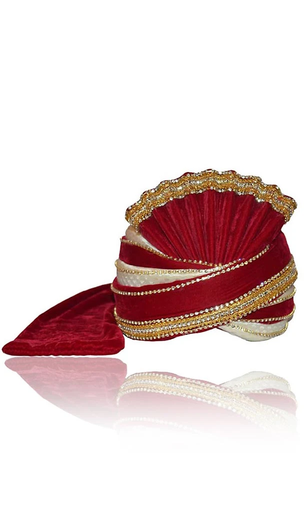 Deep Scarlet Color Raw Silk and Velvet Indian Wedding Turban For Man | FH464872474