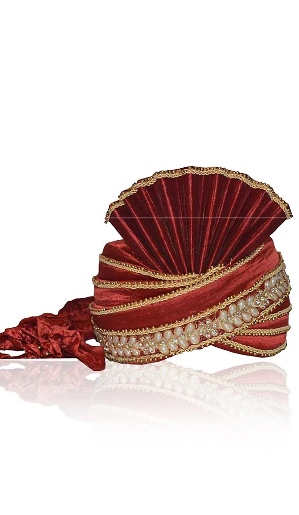 Maroon Color Raw Silk Indian Wedding Turban For Man | FH464872477