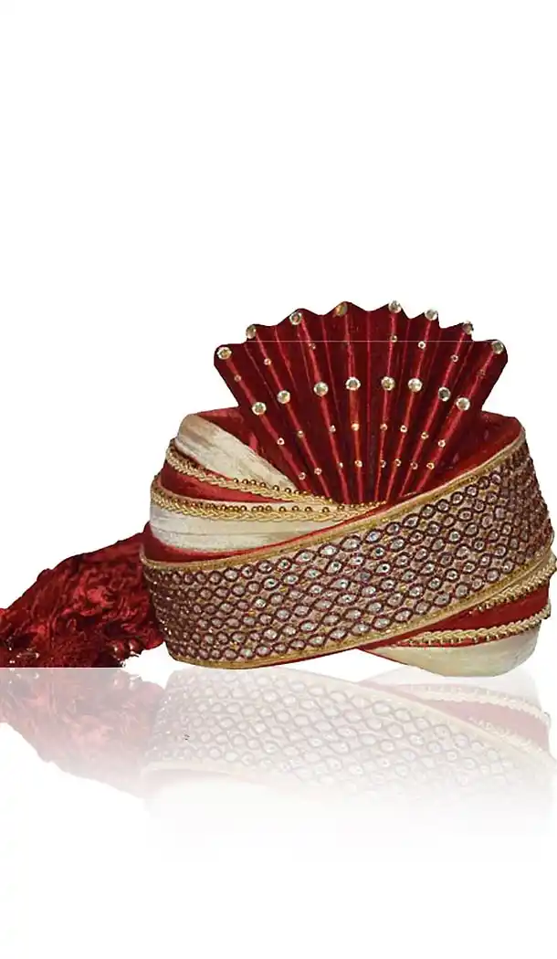 Maroon Color Raw Silk Indian Wedding Turban For Man | FH464872478