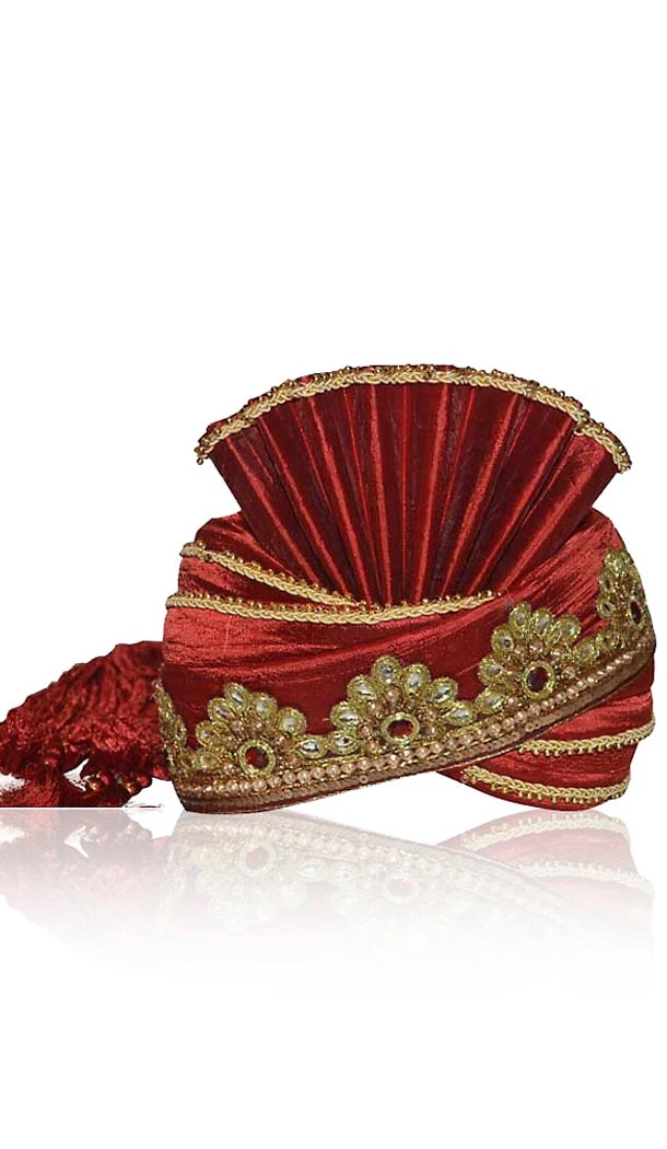 Man Wedding Turban Pagri for Gooms in Raw Silk and Deep Scarlet Color | FH464972485