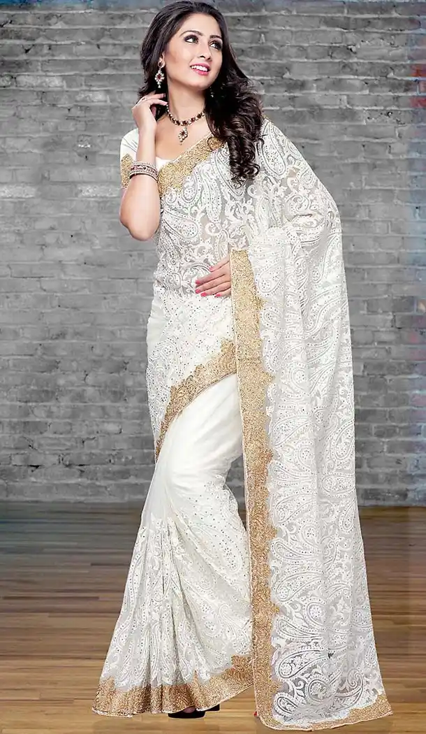 White Color Net Embroidered Party Wear Saree | FH465672570