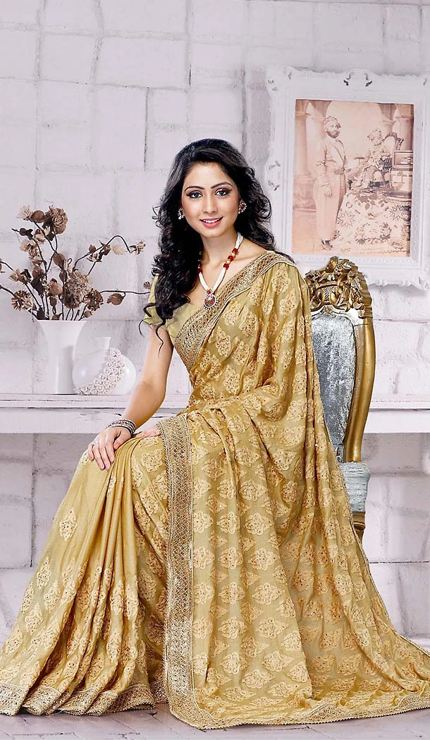 Womens Embroidered Beige Color Georgette Party Wear Saree | FH465672574